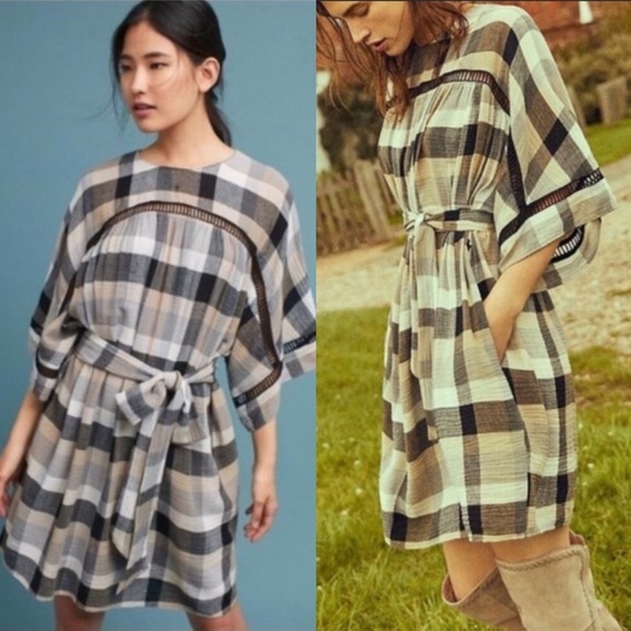Maeve Kimono Tunic Dress Plaid Wide Crop Sleeve XS - Picture 1 of 8